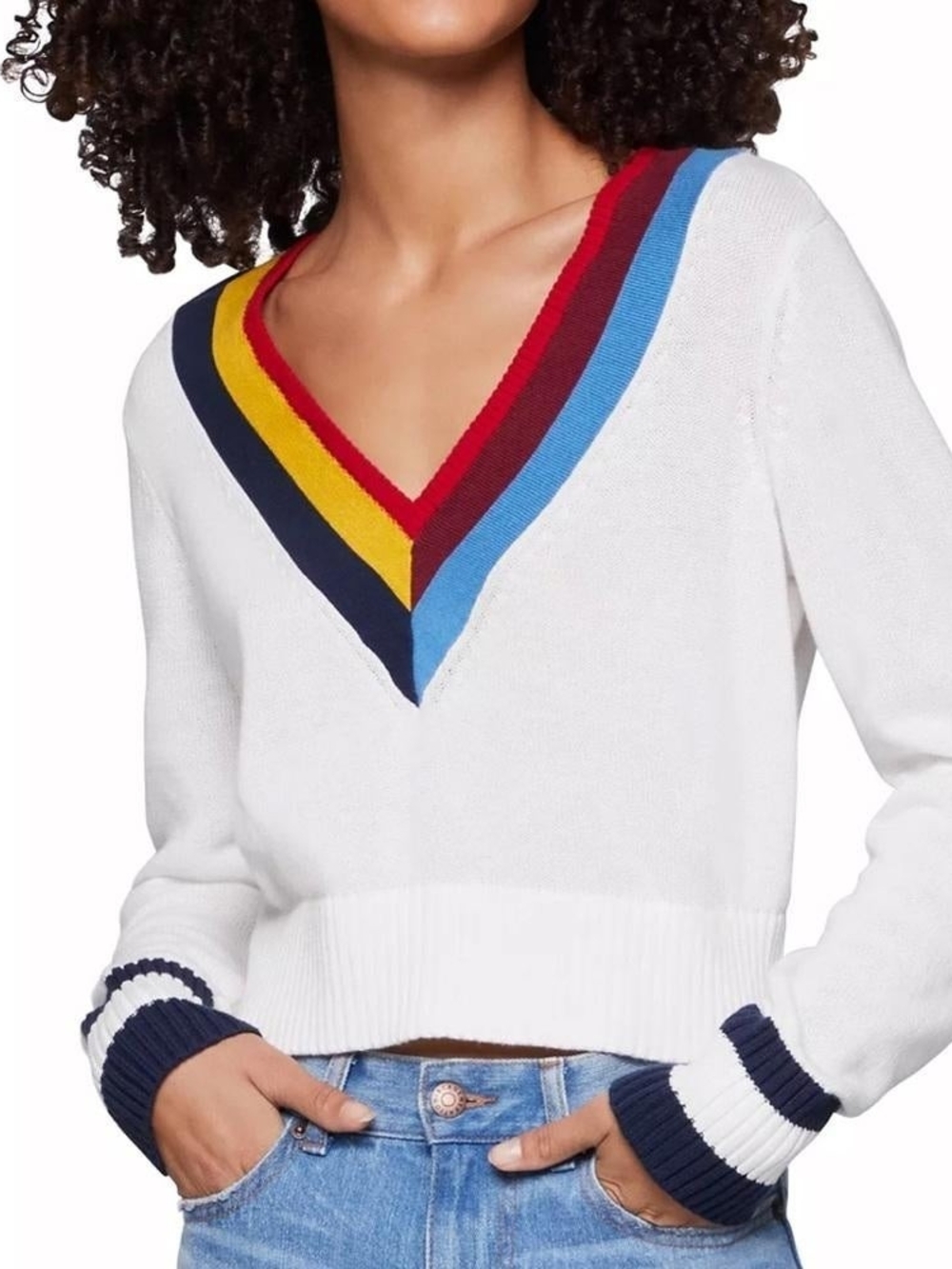 BCBGeneration White V-Neck Sweater with Red, Light Blue, Navy & Yellow Trim